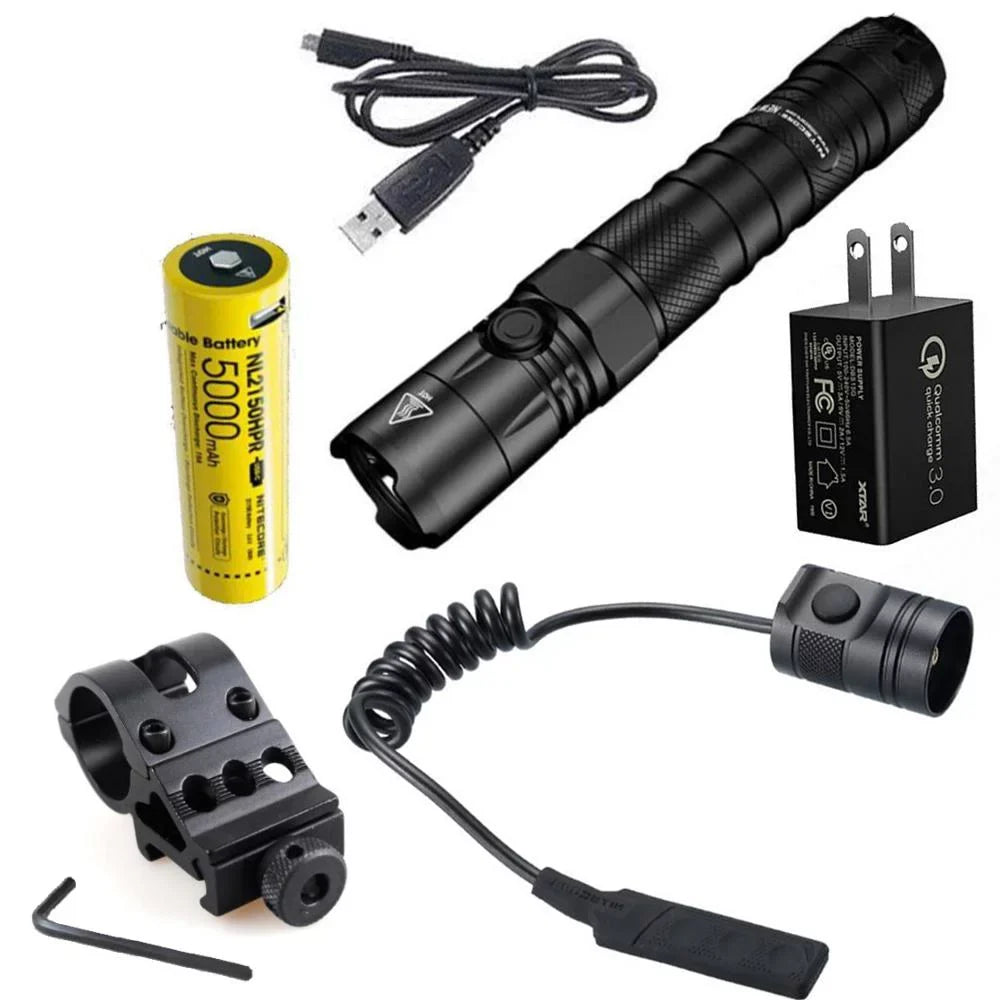 Nitecore New P12 Version LED Flashlight - 1200 Lumens w/NL2150HPR Battery, USB Cord, Offset Mount, RSW3 Pressure Switch,  and  3Amp Wall Adapter