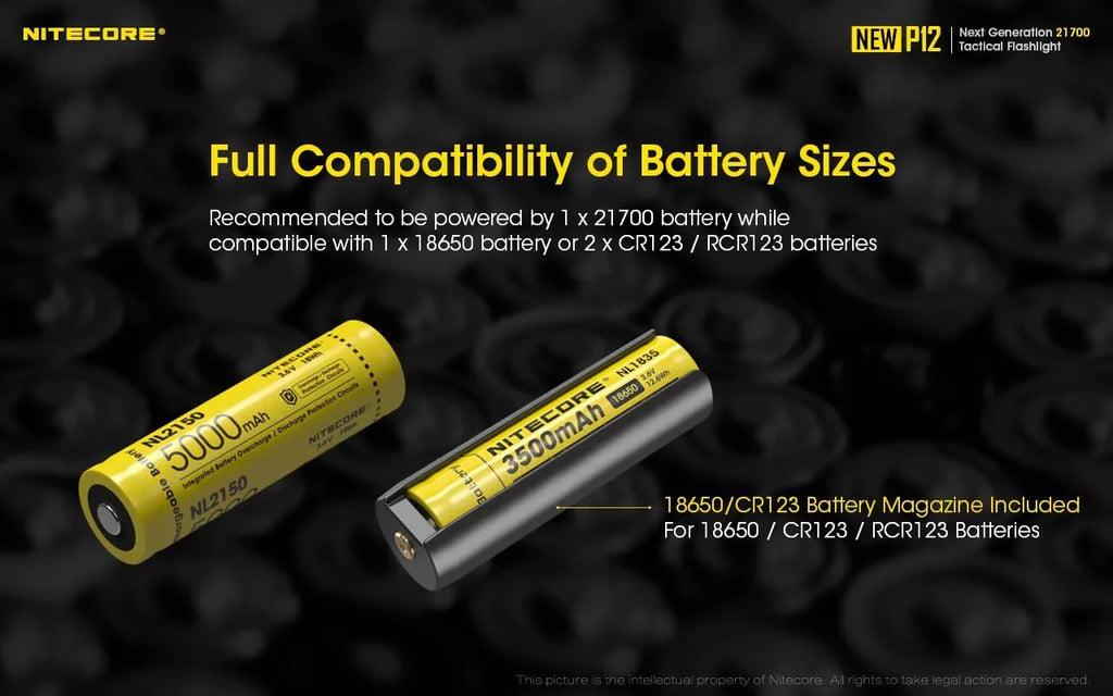 Nitecore New P12 Version LED Flashlight - 1200 Lumens w/NL2150HPR Battery, USB Cord, Offset Mount, RSW3 Pressure Switch,  and  3Amp Wall Adapter