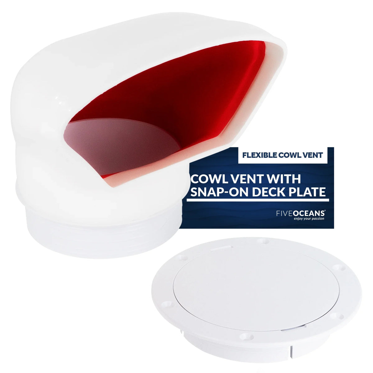 Five Oceans  3-Inch Cowl Vent with Snap-On Deck Plate and wrap, Low Profile UV-impervious and Flexible PVC, Red Interior, for Air Intake or Cabin Ventilation- FO88
