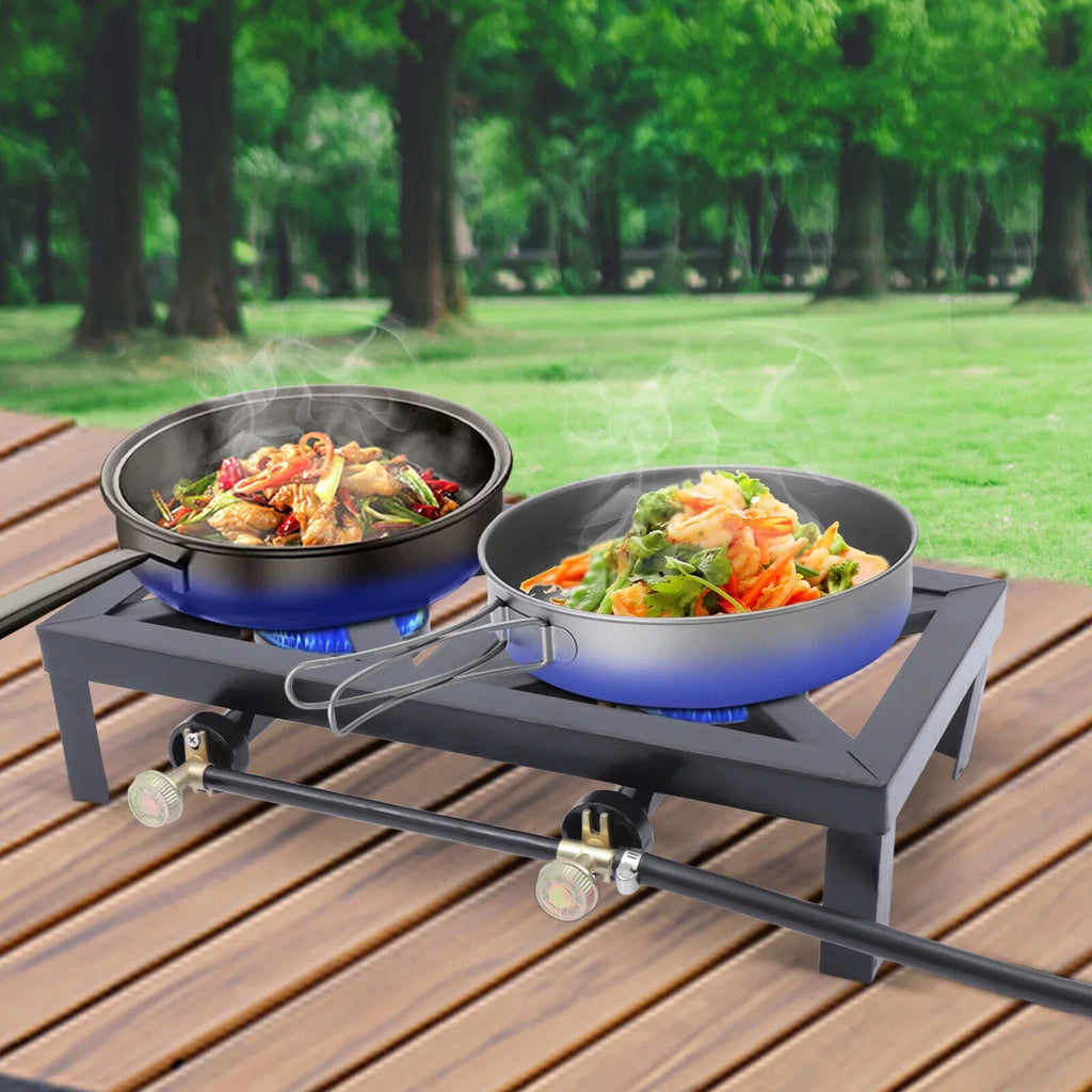 8KW/27295BTU Portable 2 Burners Outdoor BBQ Camping Gas Stove Hiking Propane Cooker W/ Hose
