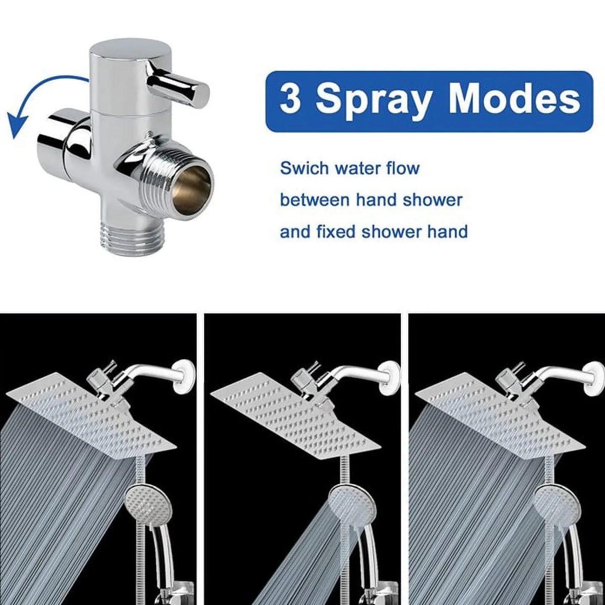 5-Setting High Pressure Shower Head, 10″Square Rain Shower Head with Handheld and Self-adhesive Holder/1.5M Hose -1 Replaceable Filter Cartridge