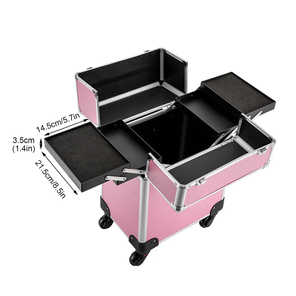 ZhdnBhnos Professional Rolling Extendable Makeup Train Case Cosmetic Trolley Storage Box Organizer (Pink)