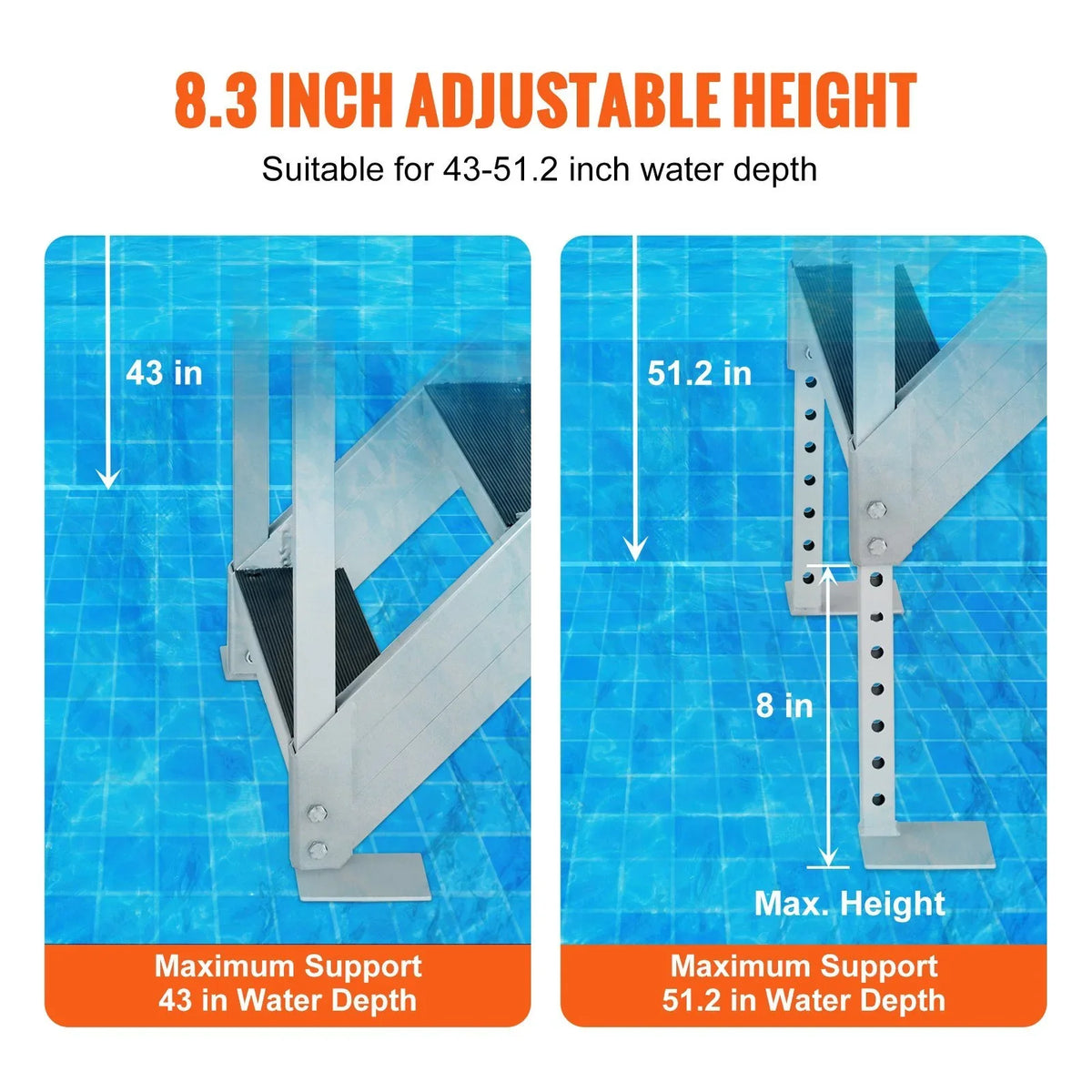 Adjustable Height. Vevor  500 lbs Load Aluminum Alloy 6-Steps Pontoon ship Dock Ladder with 43 to 51 in