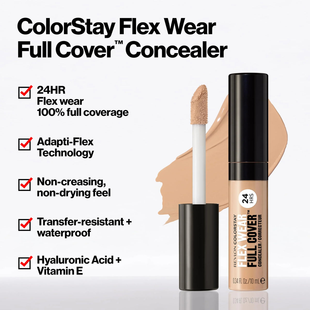 Revlon Colorstay Flex Wear, Full wrap Non-Creasing Concealer, Infused With Hyaluronic Acid & Vitamin E, Flexible Longwear, 005 Fair, 0.34 Fl Oz.