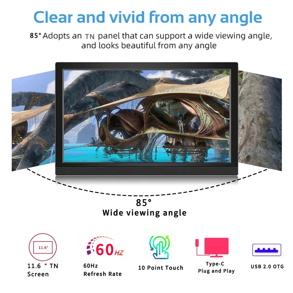 Protable Monitor 11.6 Inch 1366x768 60Hz TouchScreen Compture Monitor For PC Gamer PS4 XBOX Stick Switch Raspberry PI Display