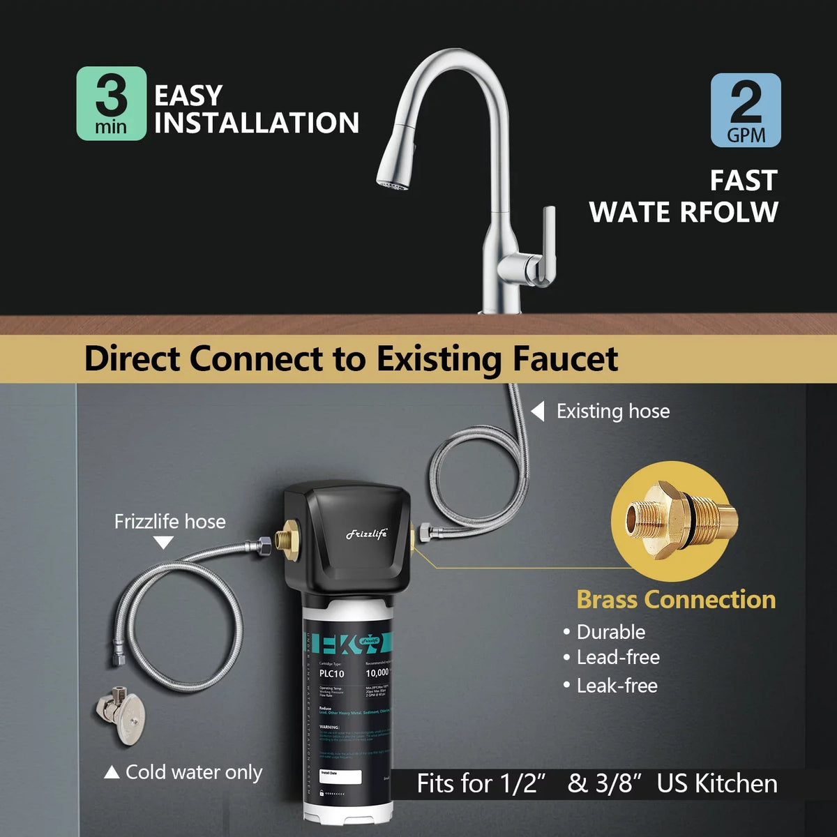 Frizzlife FK99 Under Sink moisture Filter System, 0.5 Micron, Remove 99.99% Lead, Chlorine, Bad Taste&Odor,High Capacity