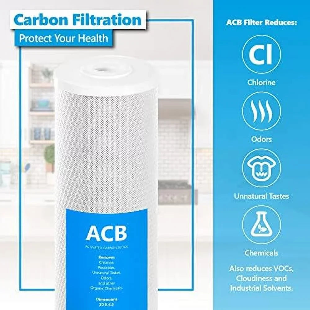 2 pack aqua filter activated carbon block replacement filter  acb large capacity moisture filter  whole house filtration  5 micron aqua filter  4.5” x 20” inch