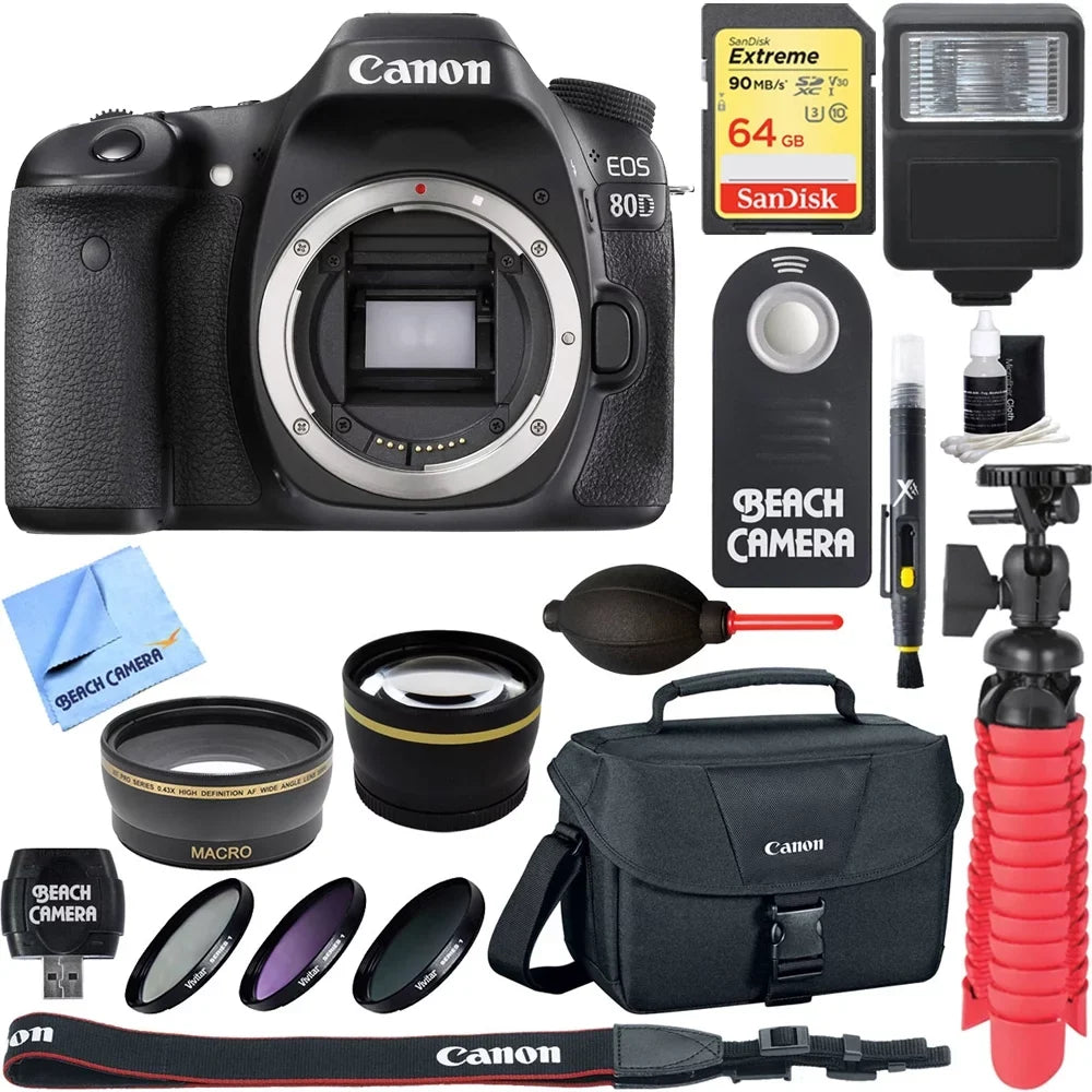 EOS 80D 24.2 MP CMOS Digital SLR Camera (Body) + Accessory Bundle 64GB SDXC Memory + DSLR Photo Bag + Wide Angle Lens + 2x Telephoto Lens + Flash + Remote + Tripod & More