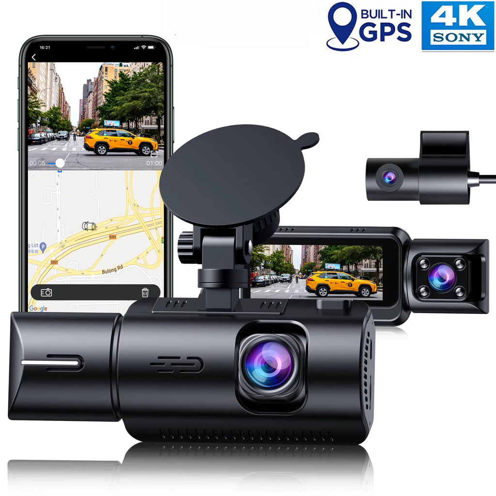 4K Dash Cam Front and Rear TOGUARD 3 Channel Front Inside Rear Dash Camera Car Camera with IR Night Vision, GPS, Loop Recording, G-sensor, Parking Monitor, Motion Detection