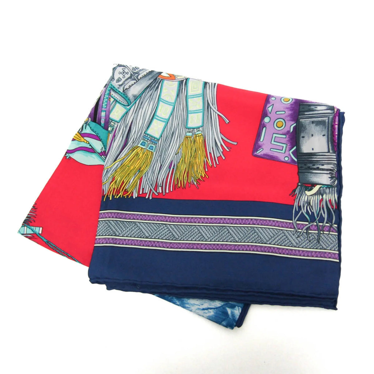 Pre-Owned Hermes Carre90 CUIRS DU DESERT Women's Silk Scarf Multi-color,Navy,Red Color (Good)