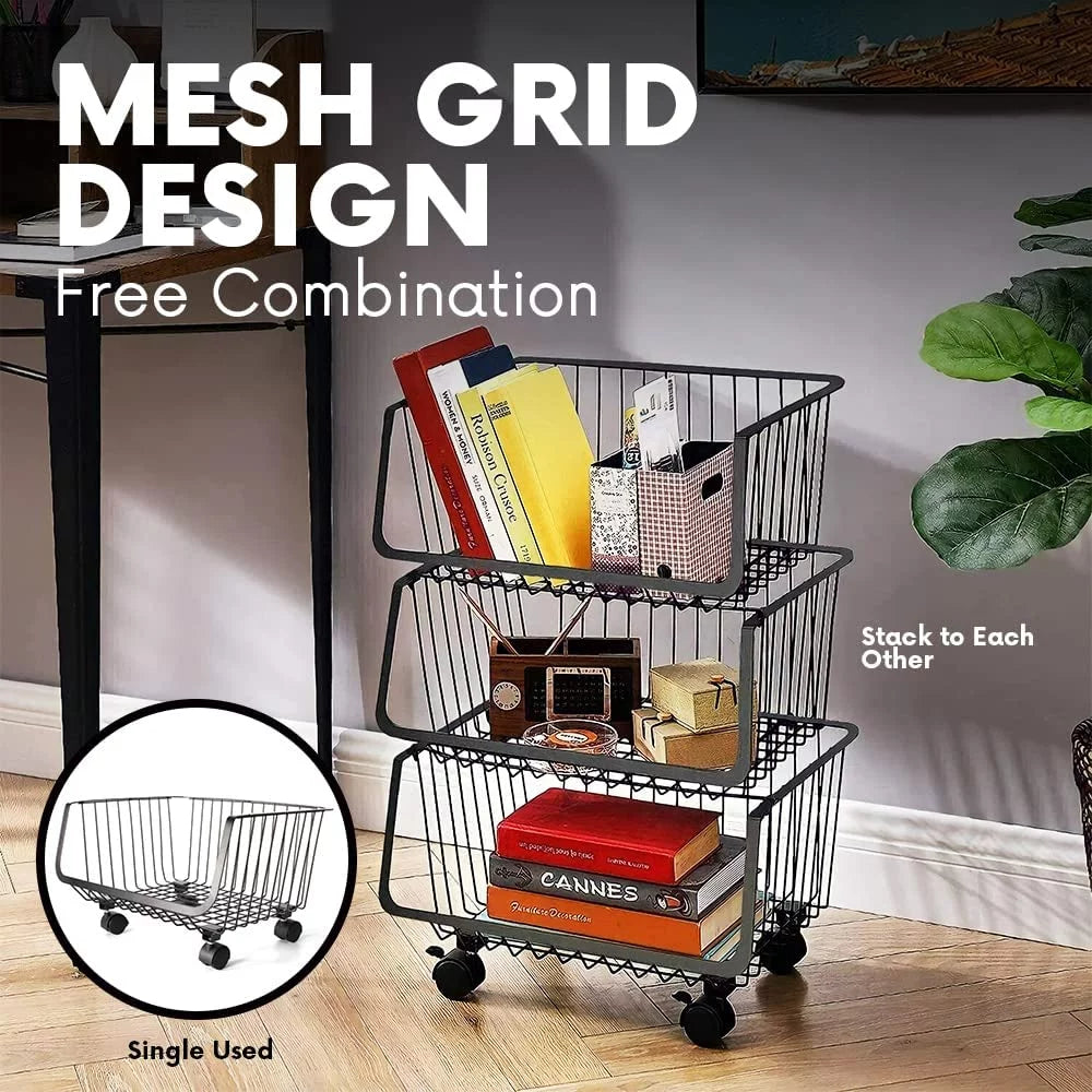 4-Tier Metal Black Utility Rolling Cart, Storage Organizer Basket with Wheels