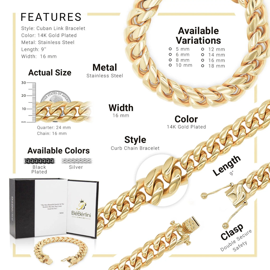 BEBERLINI Cuban Link Bracelet 14K Gold Plated Curb Chain 9" Stainless Steel Fashion Jewelry for Adult Men 16 mm