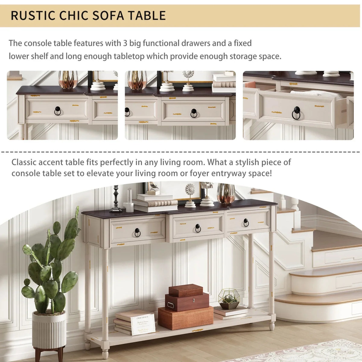 TREXM Console Table Sofa Table with Drawers for Entryway with Projecting Drawers and Long Shelf (Antique White  OLD SKU  WF189574AAK)