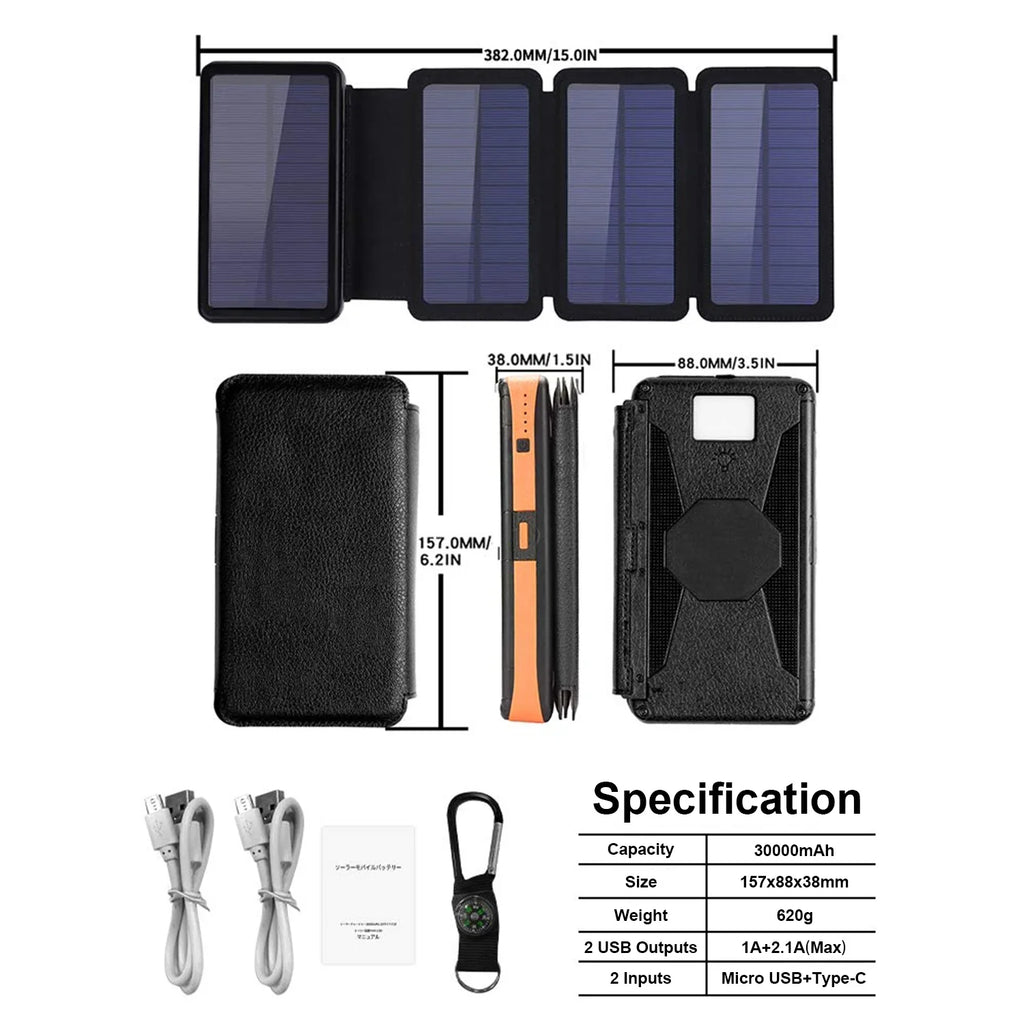 SOLPOWBEN 30000mAh Solar Charger 4 Panels Detachable, Portable Solar Power Bank, with LED Light Flashlight, Dual 5V USB Ports for Outdoor Camping Hiking (Orange)