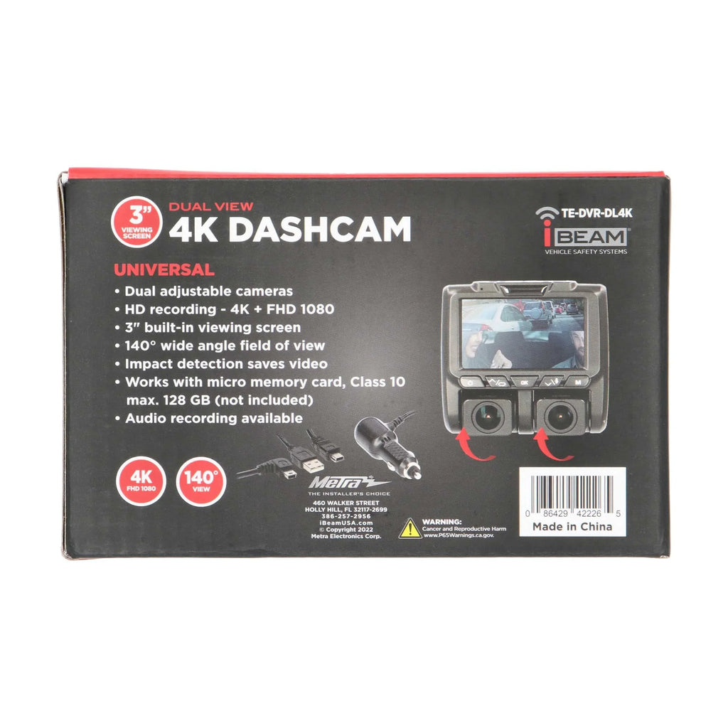 iBeam TE-DVR-DL4K 4K Dual-View Dash Camera w/ DVR & 3" Built-in Viewing Screen