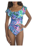 LA BLANCA Women's Blue Printed Off The Shoulder One Piece Swimsuit 10