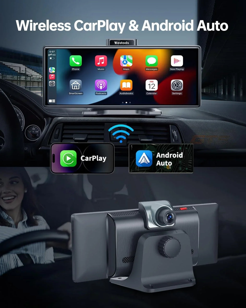 CAIHONG Portable 10.26" Wireless Carplay Screen & Android Auto with Adjustable & Detachable Mount, 2.5K Dash Cam & 1080P Backup Camera, HD IPS Touchscreen, GPS Navigation, Bluetooth, Car Stereo, Radio