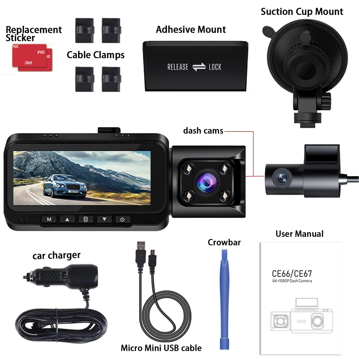 4K Dash Cam Front and Rear TOGUARD 3 Channel Front Inside Rear Dash Camera Car Camera with IR Night Vision, GPS, Loop Recording, G-sensor, Parking Monitor, Motion Detection