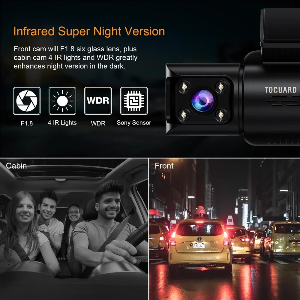 4K Dash Cam Front and Rear TOGUARD 3 Channel Front Inside Rear Dash Camera Car Camera with IR Night Vision, GPS, Loop Recording, G-sensor, Parking Monitor, Motion Detection