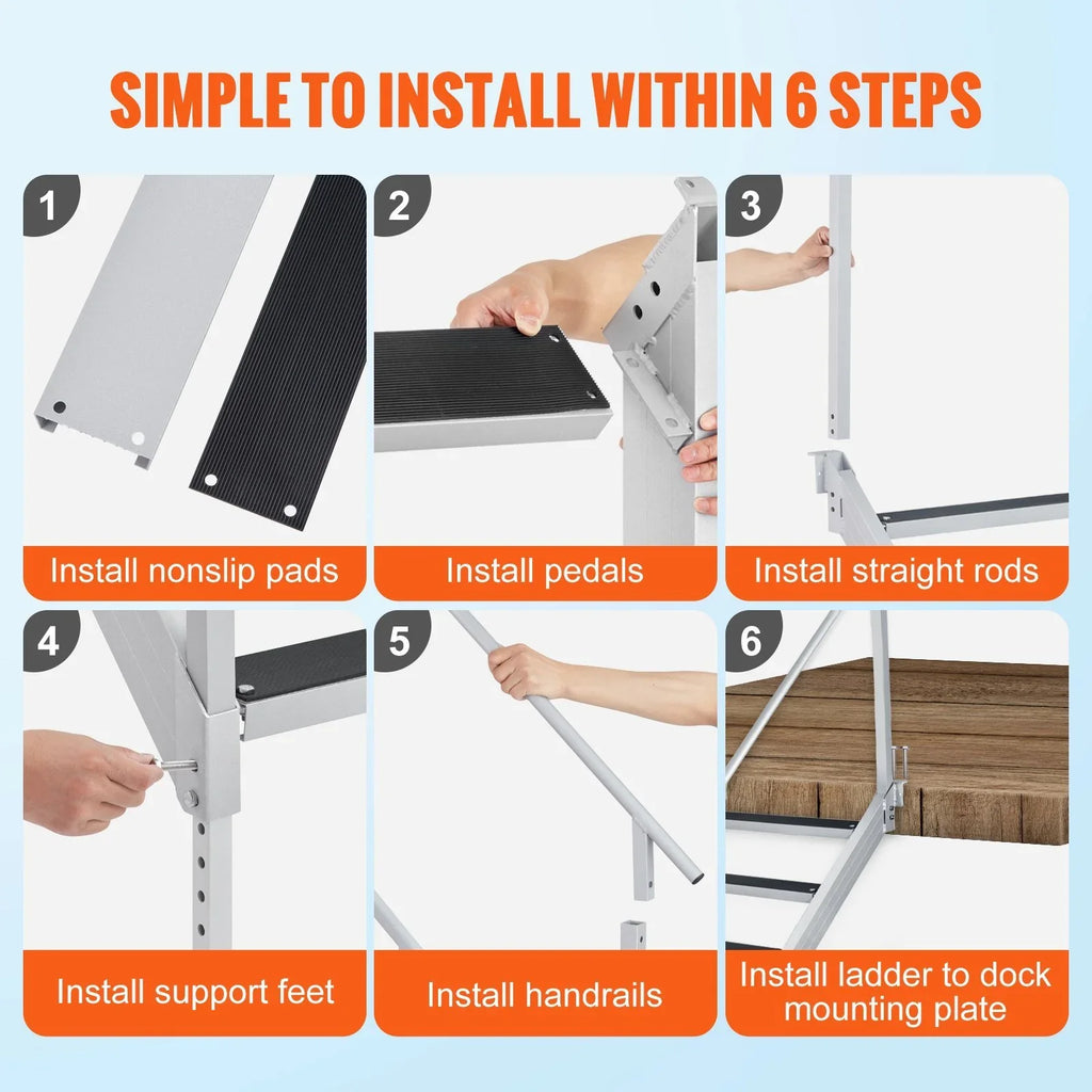 Adjustable Height. Vevor  500 lbs Load Aluminum Alloy 6-Steps Pontoon ship Dock Ladder with 43 to 51 in