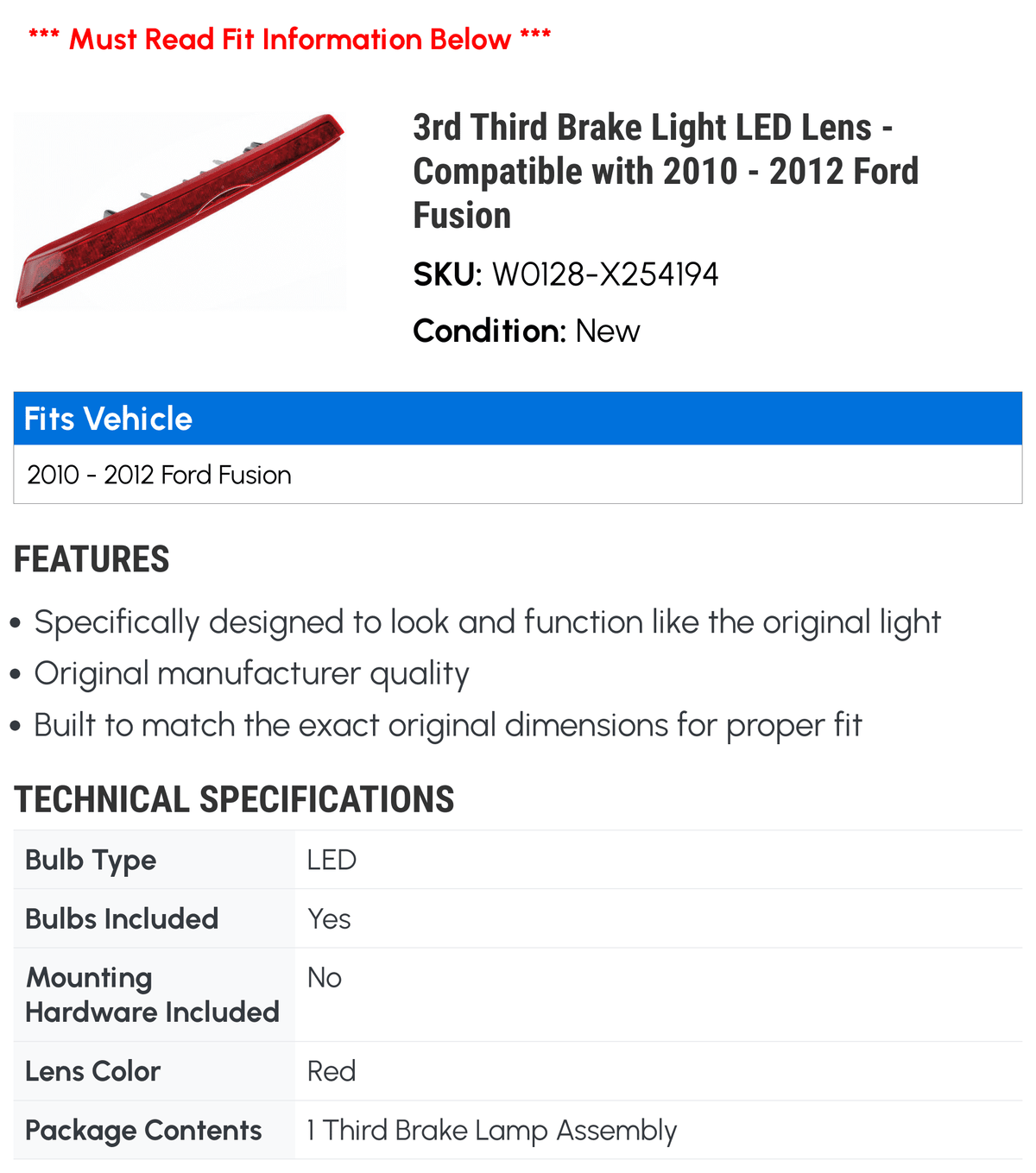 3rd Third Brake Light LED Lens - matching with 2010 - 2012  Fusion 2011