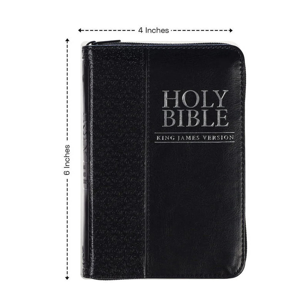 Personalized KJV Compact Pocket Bible with Zipper Closure King James Version Faux Leather Holy Bible with Custom Name Up To 3 Rows Of Text - Ideal for Travel in backpack, purse, or briefcase | Black