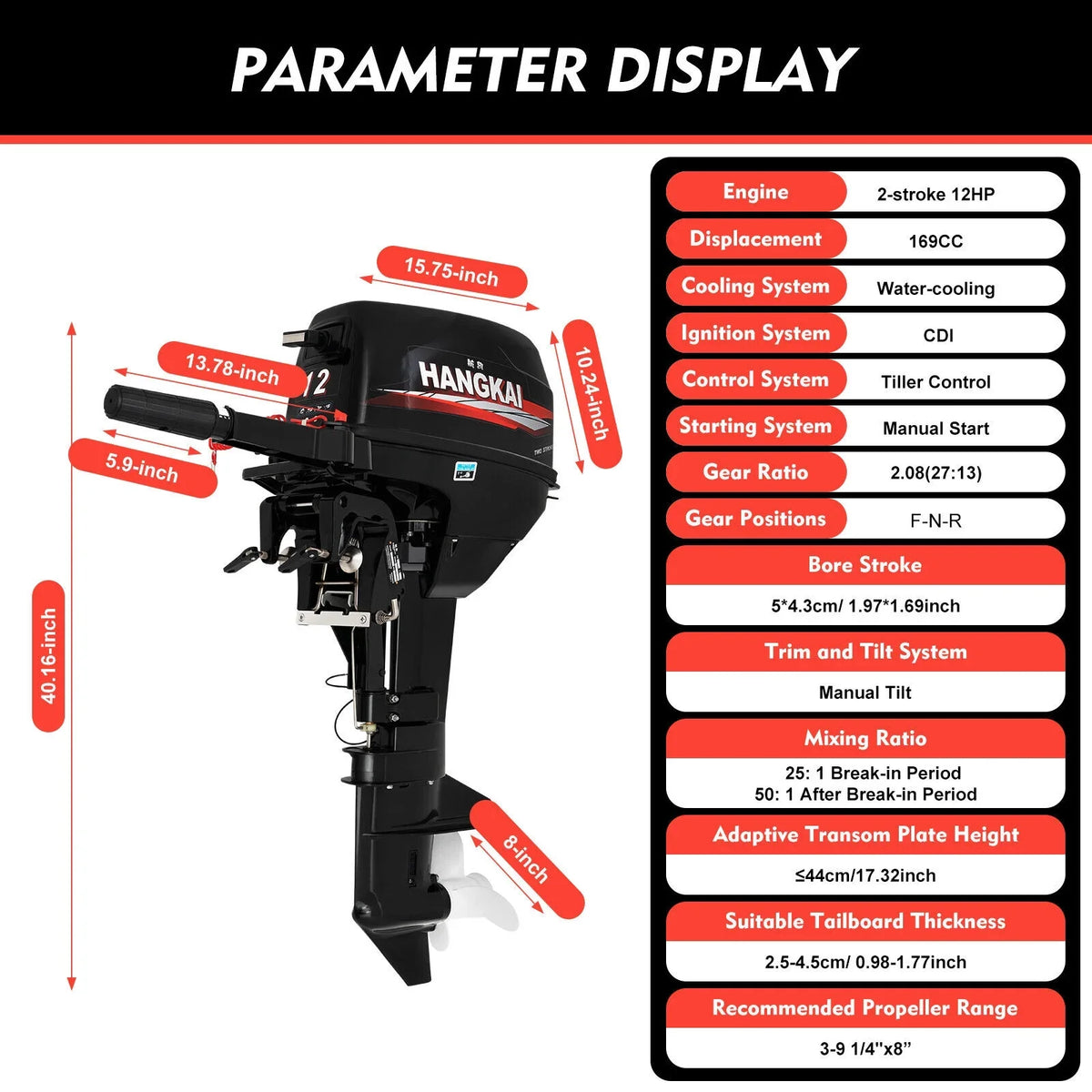 Outboard Motor, 2 Stroke 12  169cc Heavy Duty craft Engine Fishing vessel Motor w/CDI System liquid Cooling System (2 Stroke 12 )