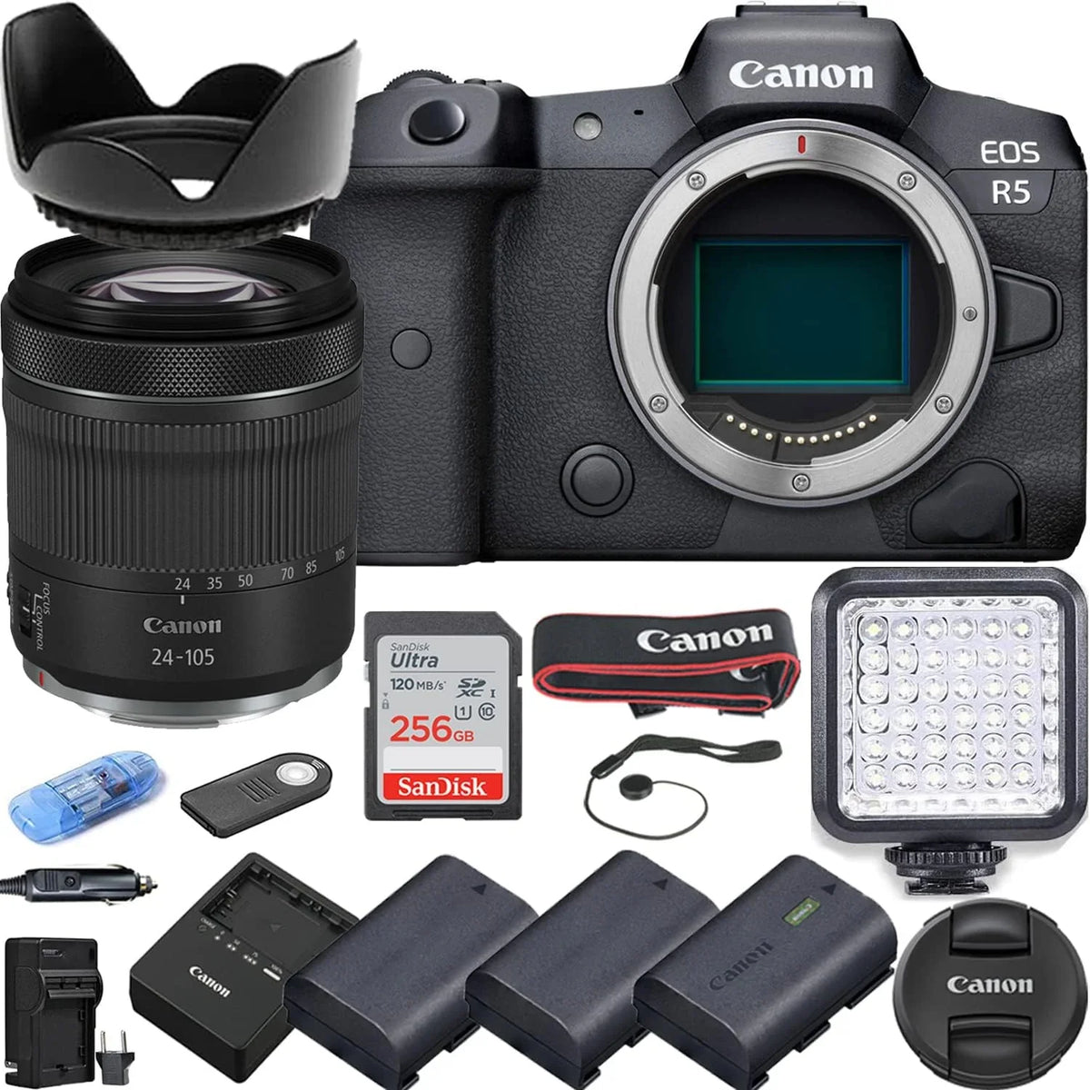 Camera Bundle for  EOS R5 Mirrorless Camera with RF 24-105mm f/4-7.1 IS STM Lens, 3 Batteries, LED Light, 256Gb High Speed Memory Card + Accessories Kit