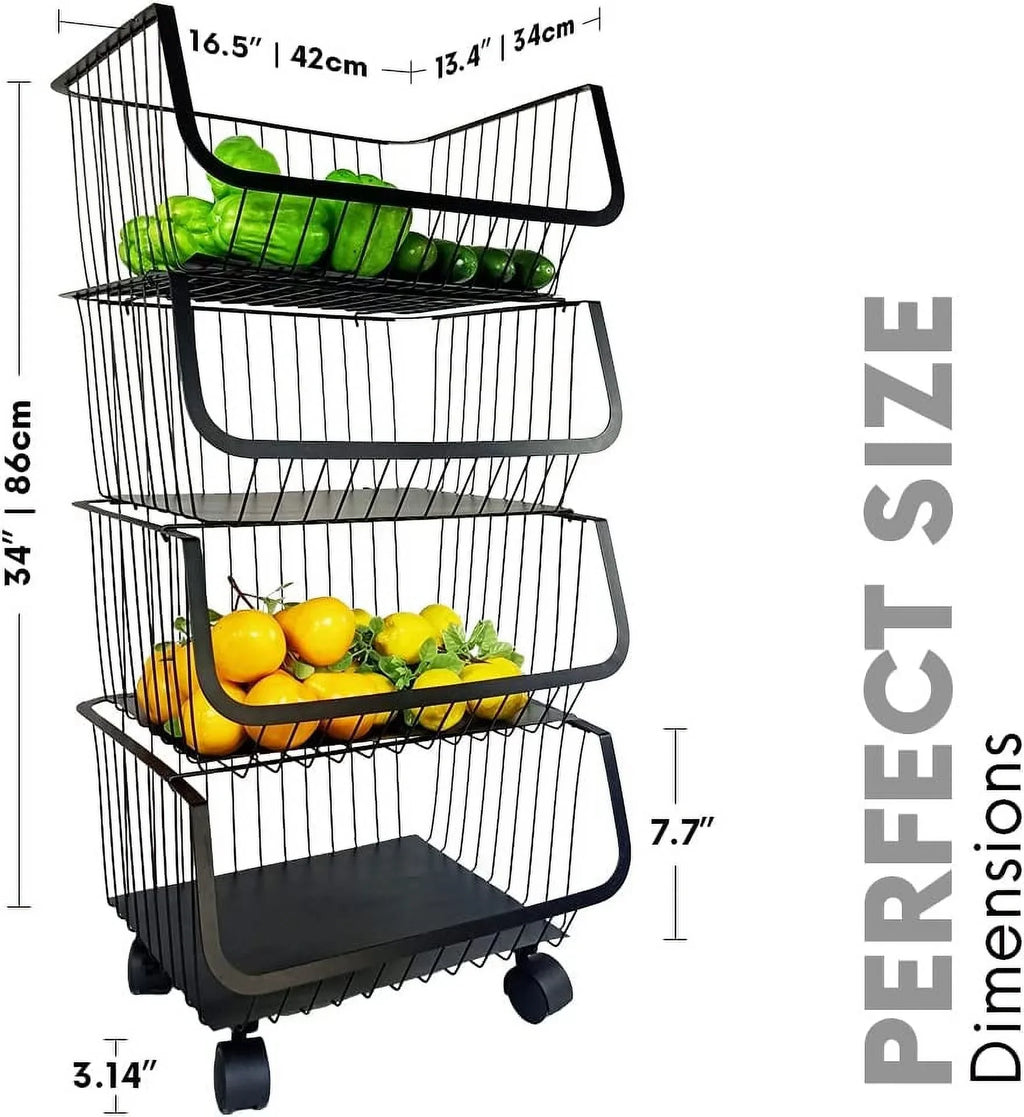 4-Tier Metal Black Utility Rolling Cart, Storage Organizer Basket with Wheels