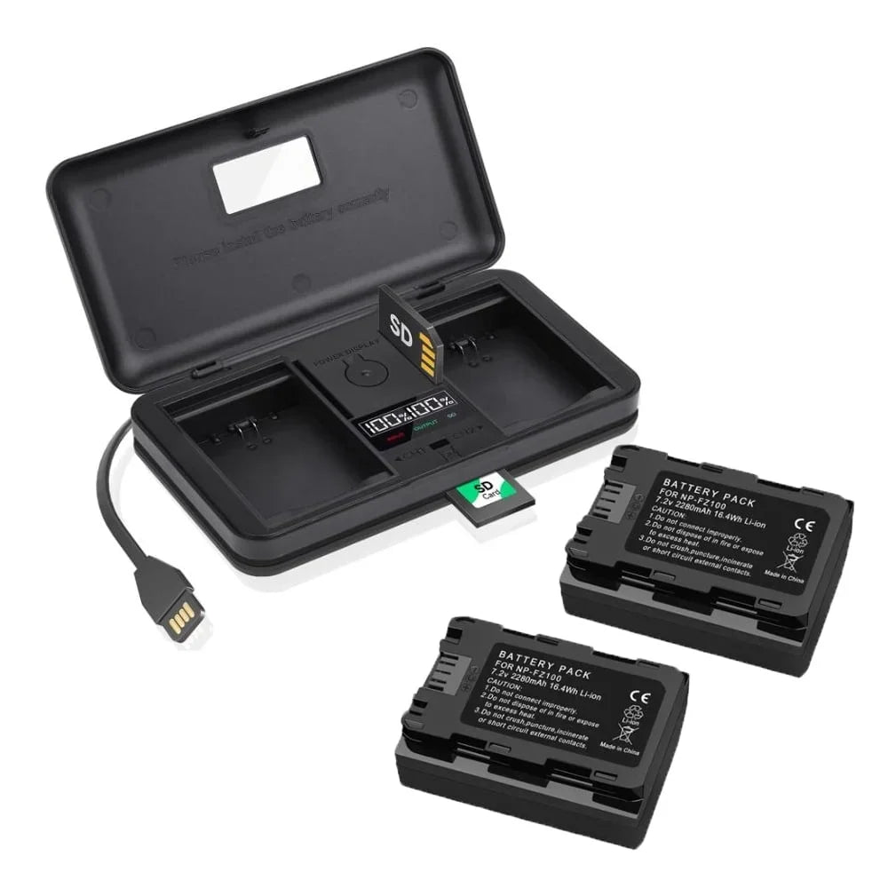 NP-FZ100 2 Pack 7.4V 2280mAh Battery with LCD Multi-Functional Battery Charger Case for  BC-QZ1 Charger, Alpha FX3, FX30, A1, A7C, A9, A9 II, A7R III, A7R IV, A7S III, A7 III, A7 IV, A6600