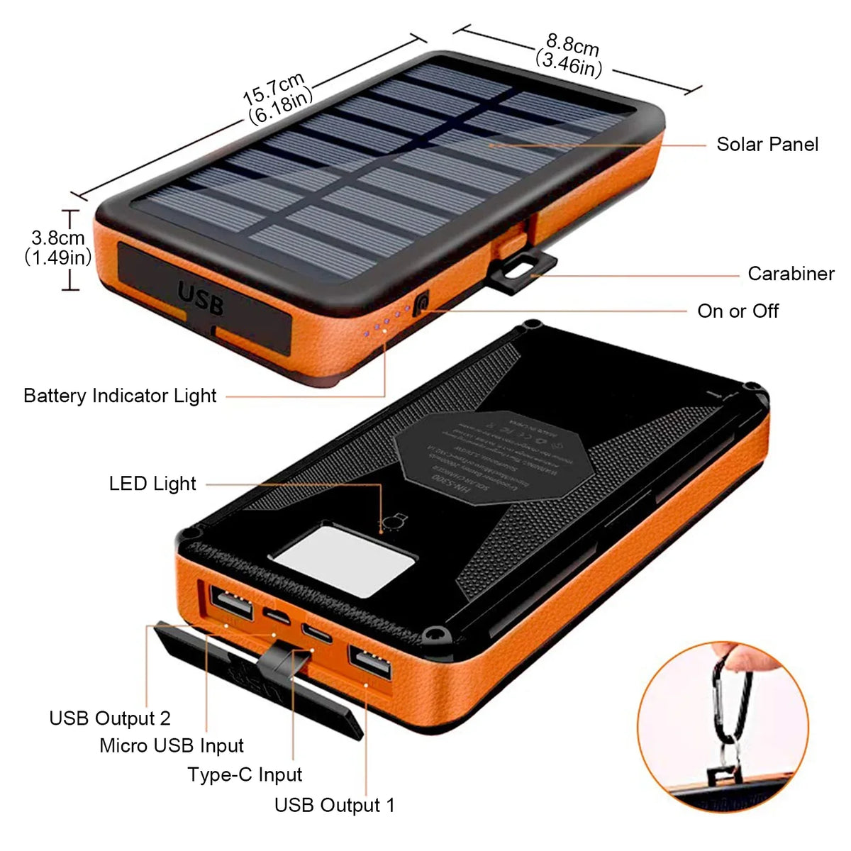 SOLPOWBEN 30000mAh Solar Charger 4 Panels Detachable, Portable Solar Power Bank, with LED Light Flashlight, Dual 5V USB Ports for Outdoor Camping Hiking (Orange)