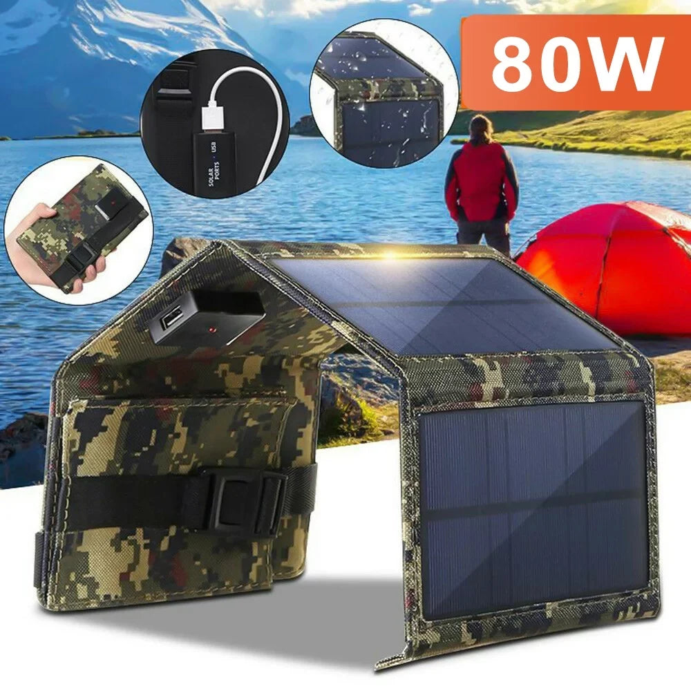 JLLOM 2Pcs 80W USB Solar Panel Folding Portable Power Bank Outdoor Hiking Phone Charger Kit
