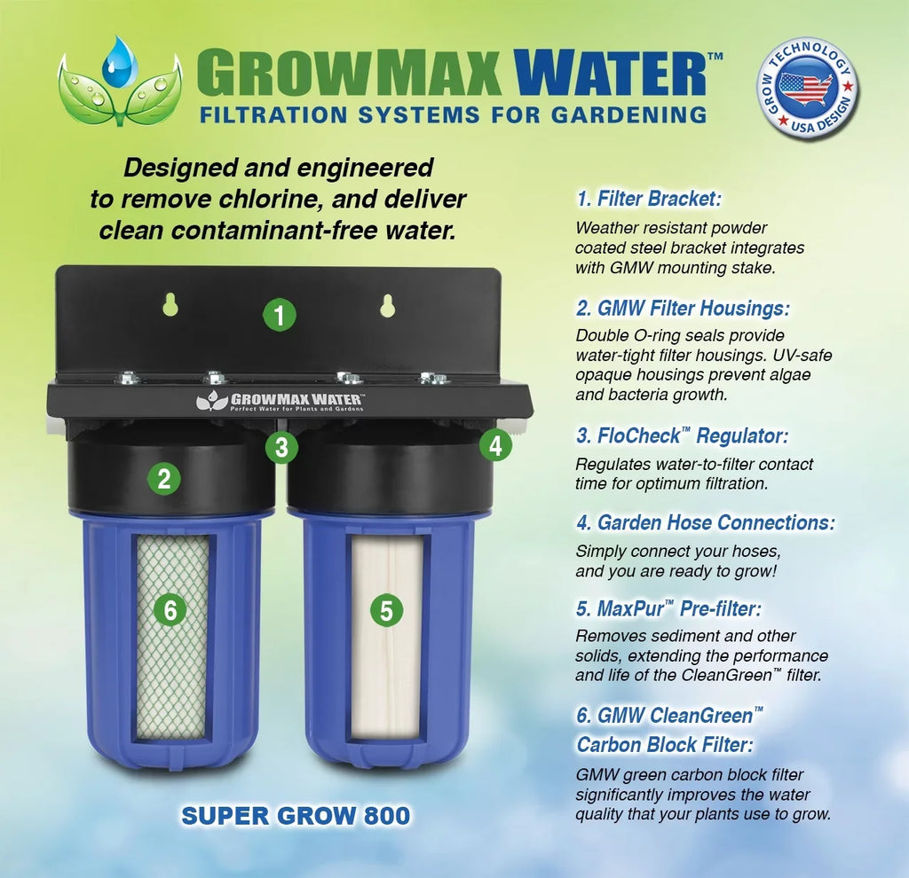 GrowMax SUPER GROW 800 - High-Capacity Garden liquid Filtration System - Eliminate up to 99% of Chlorine and Contaminants (15,000 gallons / 56,850 liters)