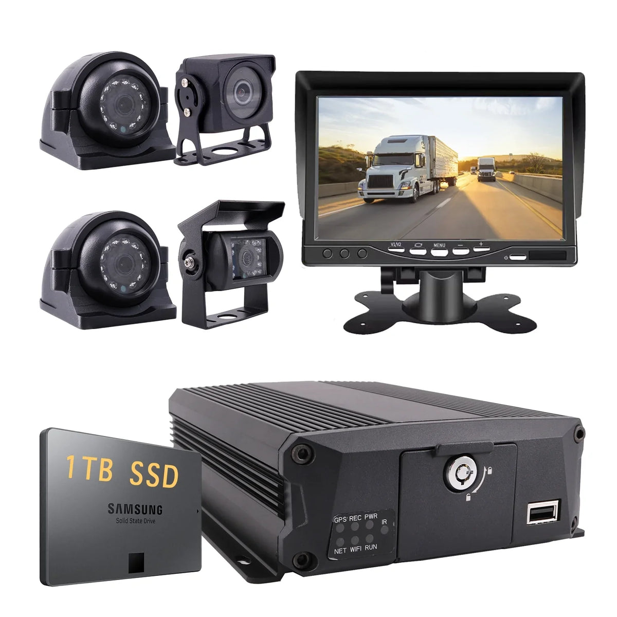JOINLGO 4-CH 1080P AHD Mobile Vehicle Truck DVR Video Recorder Kit with Night Vision Waterproof Side Front Rear View Camera 7" IPS Monitor for Truck Van Bus (1TB SSD Included)