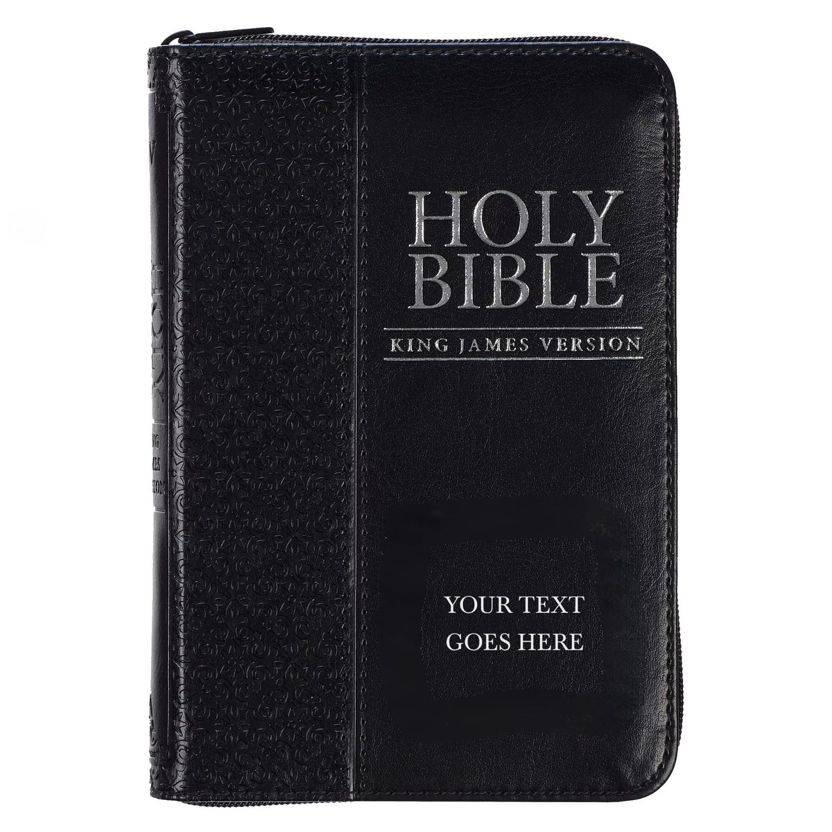 Personalized KJV Compact Pocket Bible with Zipper Closure King James Version Faux Leather Holy Bible with Custom Name Up To 3 Rows Of Text - Ideal for Travel in backpack, purse, or briefcase | Black
