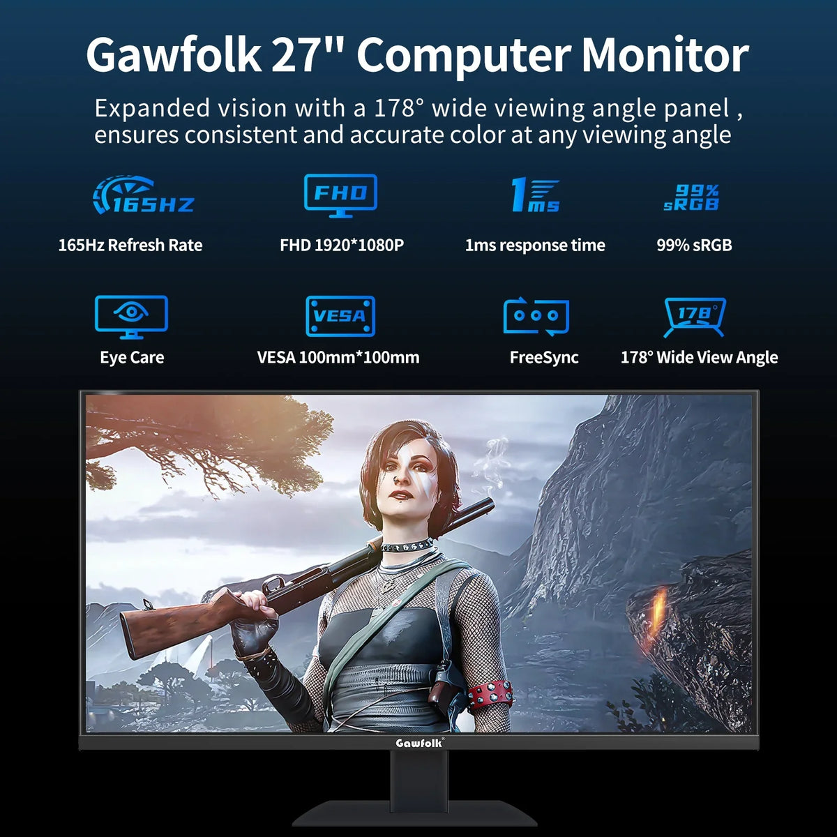 Gawfolk 27" PC Gaming Monitor 165Hz, Full HD 1080P Bezel-less Display Supports DP and HDMI (Black)