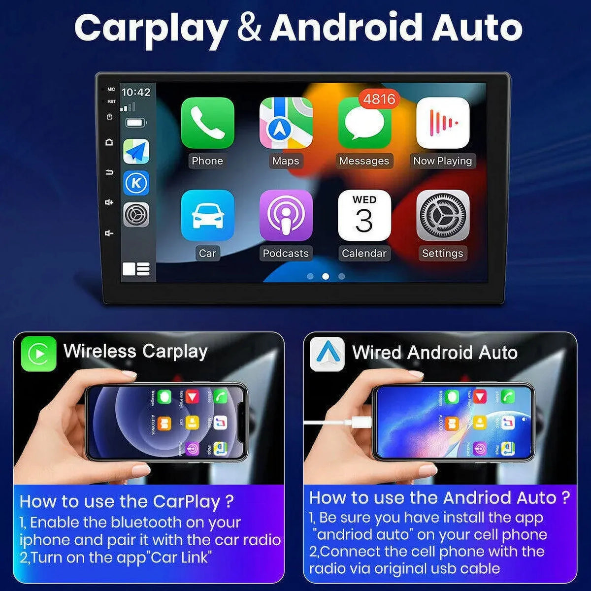 Single 1 DIN Rotatable 10.1'' 1280*720 IPS Android 12 2+32GB Bluetooth Car GPS Navigation WiFi Stereo Radio  CarPlay