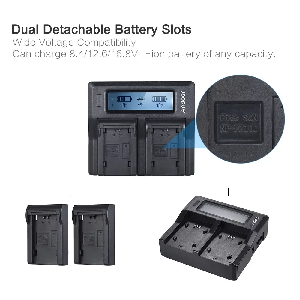 Andoer NP-FZ100 Dual Channel LCD Camera Battery Replacement for  A7III A9 A7RIII A7SIII