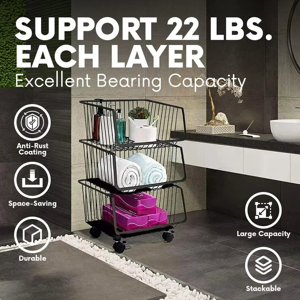4-Tier Metal Black Utility Rolling Cart, Storage Organizer Basket with Wheels