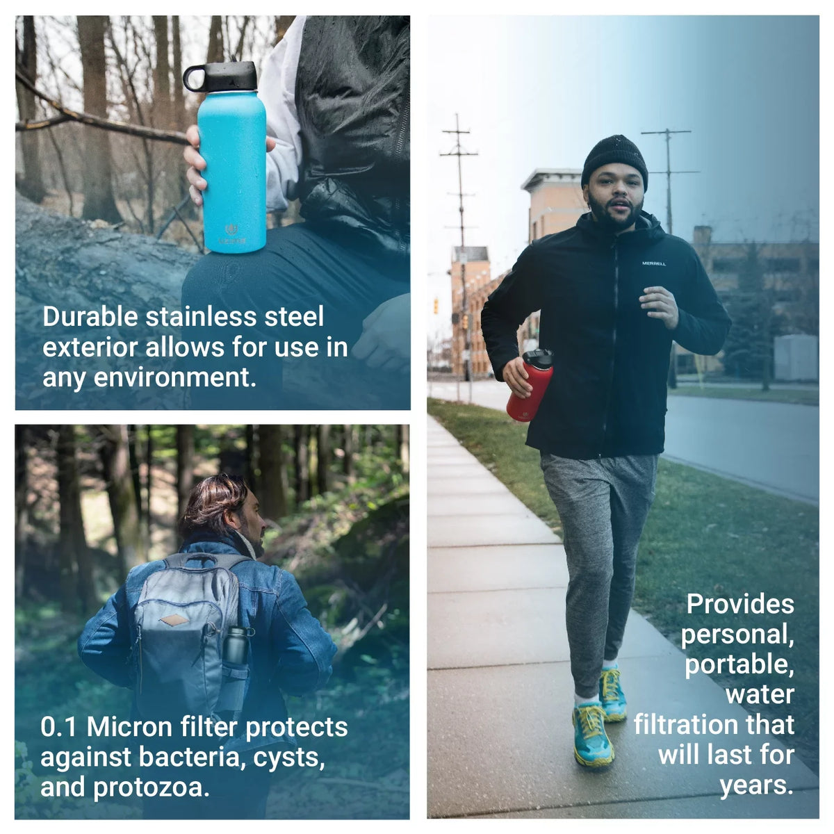 (Blue). Large 32oz Capacity with Double-Walled Stainless Steel Exterior. aqua Purification on the Go. Uzima - Z-Source Filtered liquid Bottle for Hiking, Backpacking, Camping, and Travel