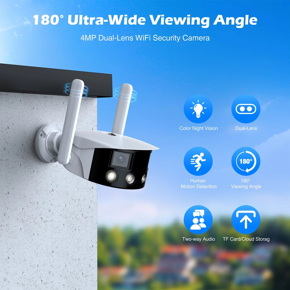 Toguard SC10 2K Wireless Security Camera Outdoor, 180° Ultra-Wide View Dual Lens Bullet Surveillance Camera Wireless Connector