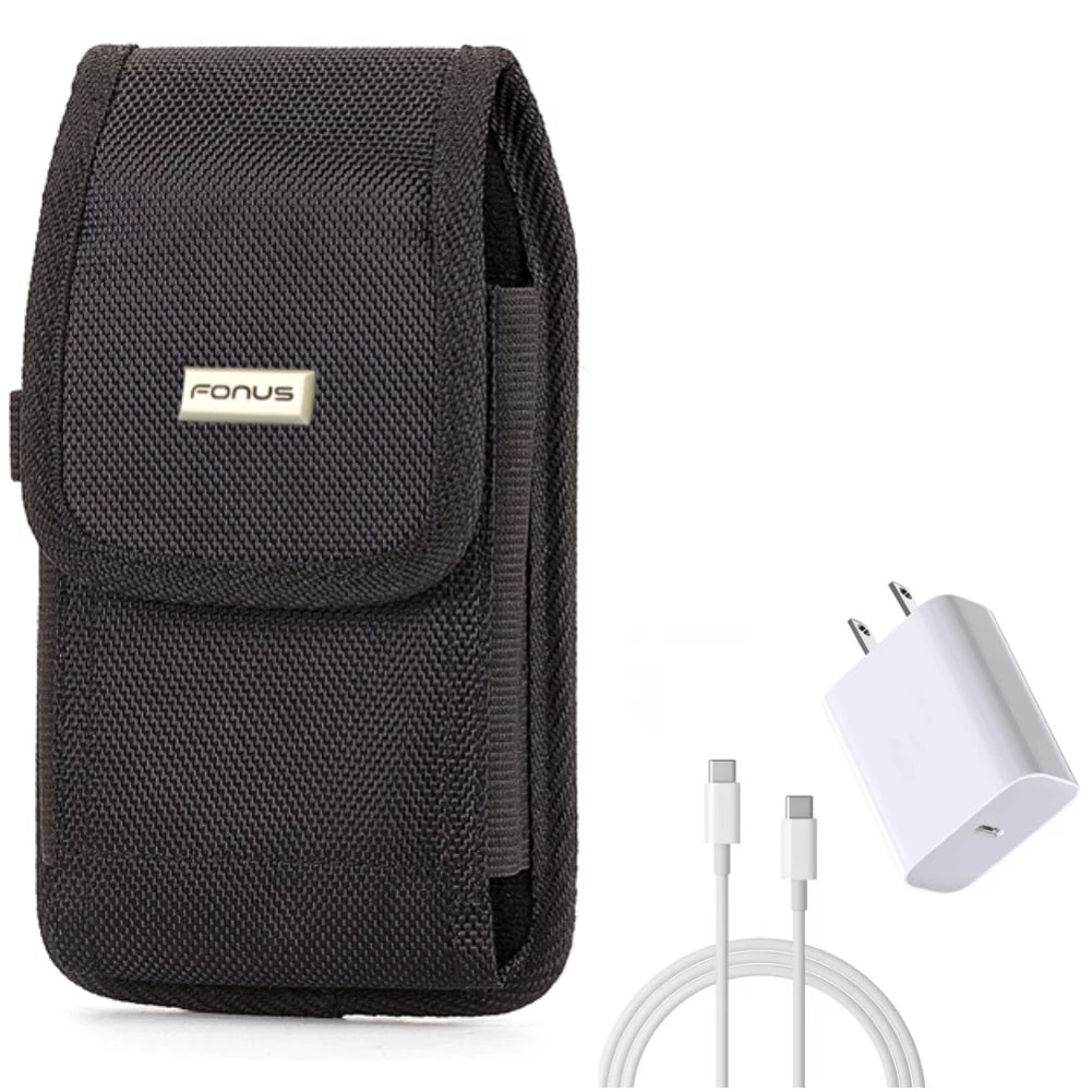 6ft USB-C Cable PD Type-C 18W Fast Home Charger w Holster Rugged Case Belt Clip for  K92 5G, Harmony 4 - Lively Jitterbug Smart3 - Motorola One Zoom, Moto Z4 Z3 Play Z2 Play Force