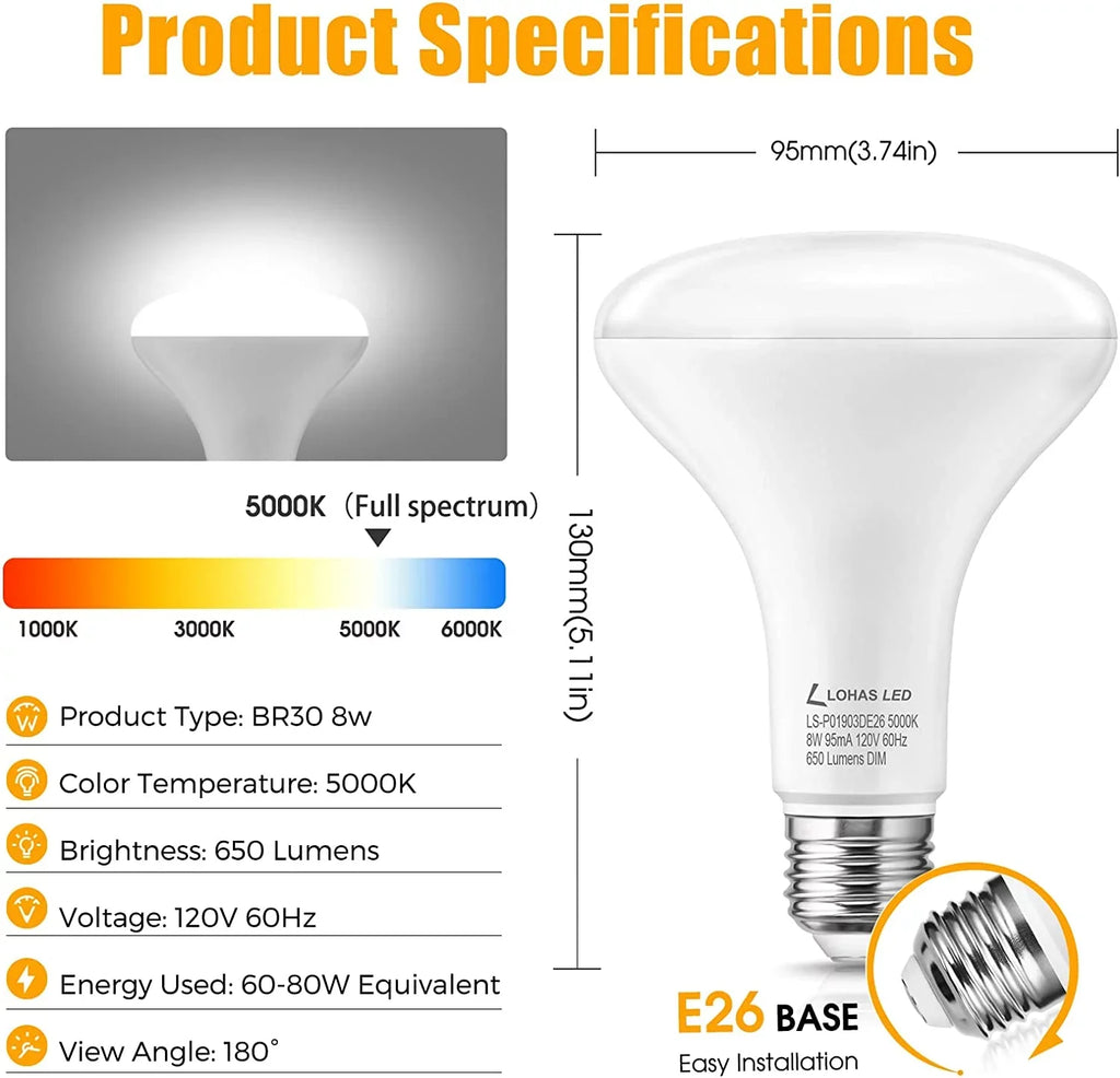 YANSUN Full Spectrum Light Bulb, 8W BR30 Premium Bulb 65W Equivalent Bright Happy LED Bulb Boosts Energy Mood & Performance Supports Circadian Rhythm Comfortable Daylight 5000K Dimmable, 6 Pack