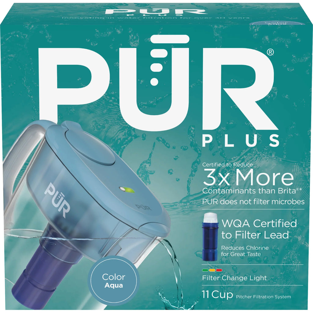 PUR PLUS 11-Cup aqua Pitcher Filtration System, W 11.4" x H 10.4" x L 4.9", Aqua, PPT111G