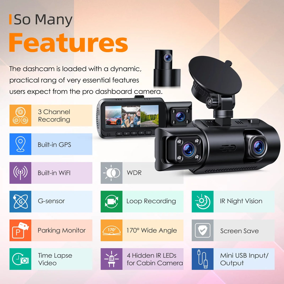 4K Dash Cam Front and Rear TOGUARD 3 Channel Front Inside Rear Dash Camera Car Camera with IR Night Vision, GPS, Loop Recording, G-sensor, Parking Monitor, Motion Detection