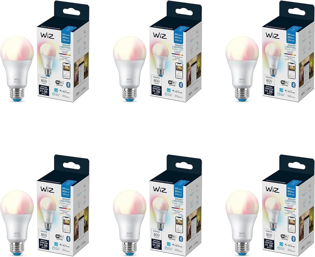 WiZ 60W A19 Color LED Smart Bulb - Pack of 6 - E26- Indoor - Connects to Your Existing Wi-Fi - Control with Voice or App + Activate with Motion - Matter matching