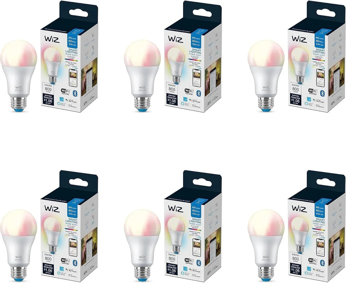 WiZ 60W A19 Color LED Smart Bulb - Pack of 6 - E26- Indoor - Connects to Your Existing Wi-Fi - Control with Voice or App + Activate with Motion - Matter matching