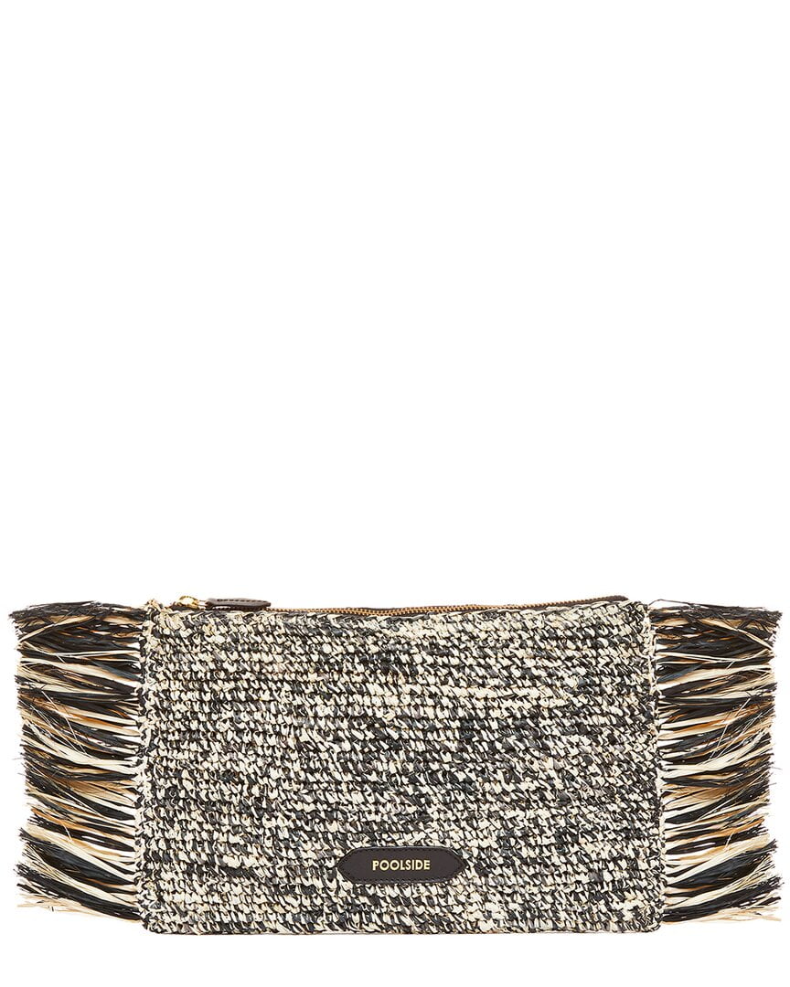 POOLSIDE Tropical Fringe Raffia Clutch, Black