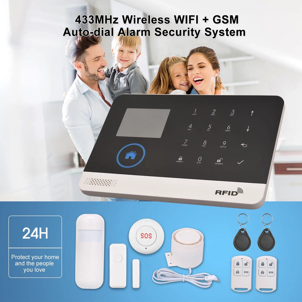 433MHz Wireless WIFI + GSM Auto-dial Alarm System LCD Display Door Sensor PIR Motion Sensor Phone APP Remote Control appropriate with Home Voice Control Smart Home Burglar Alarm System