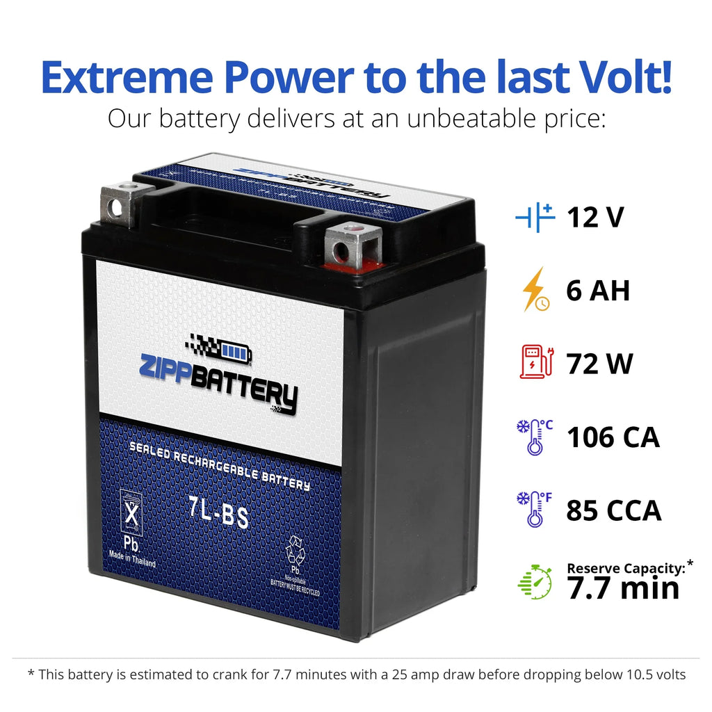 Zipp Battery YTX7L-BS (7L-BS 12 Volt,6 Ah, 75 CCA) Motorcycle Battery for Honda 250cc Cb250 Nighthawk 1993